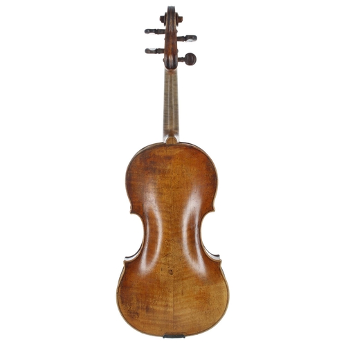 2448 - Good German violin of the Fussen School, unlabelled, the two piece back of faint broad curl with sim... 