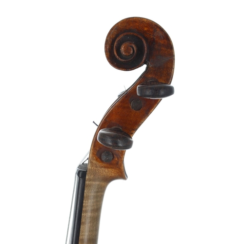 2448 - Good German violin of the Fussen School, unlabelled, the two piece back of faint broad curl with sim... 