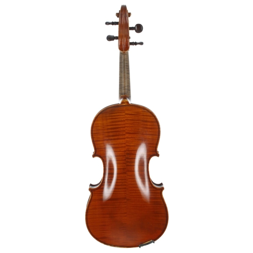 2454 - Violin circa 1900, the two piece back of faint medium/fine curl with similar wood to the sides and h... 