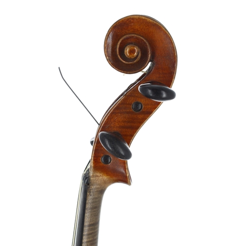 2454 - Violin circa 1900, the two piece back of faint medium/fine curl with similar wood to the sides and h... 