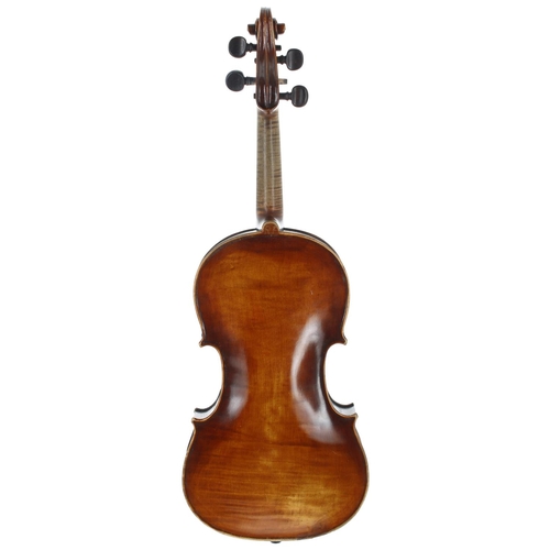 2464 - Early 20th century violin, unlabelled, the one piece back of faint broad curl to the lower ribs with... 