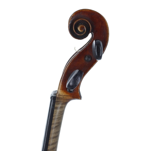 2464 - Early 20th century violin, unlabelled, the one piece back of faint broad curl to the lower ribs with... 