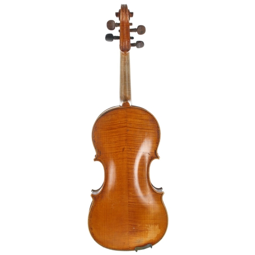 2466 - Late 19th century violin labelled Nicolaus Amatus..., the two piece back of faint medium/fine curl w... 