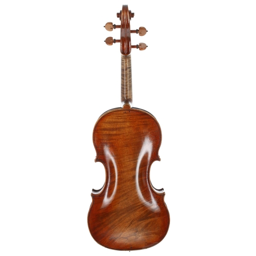 2469 - Good violin labelled René Quenoil á Paris 1955, the one piece back of wild flame with faint medium c... 