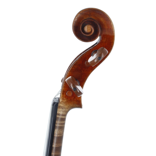 2469 - Good violin labelled René Quenoil á Paris 1955, the one piece back of wild flame with faint medium c... 