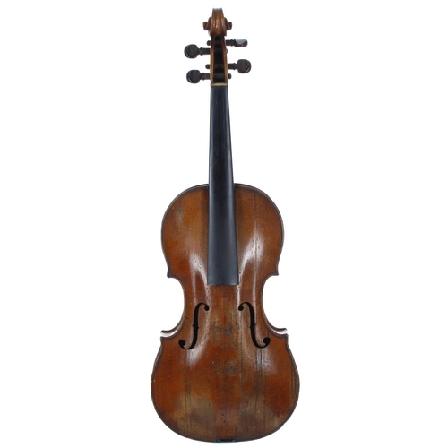 2476 - Interesting violin circa 1800, unlabelled, the two piece back of faint medium with similar wood to t... 