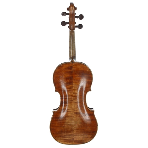 2476 - Interesting violin circa 1800, unlabelled, the two piece back of faint medium with similar wood to t... 