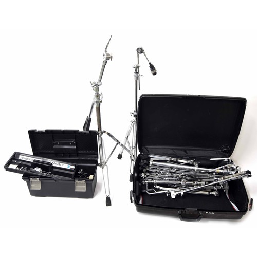 1850 - Good selection of drum hardware, to include a Pearl double kick bass drum pedal, heavy duty Pearl an... 