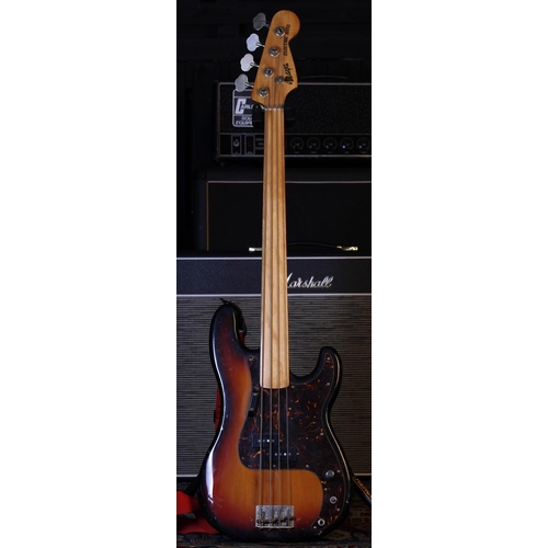 759 - Maya P type fretless bass guitar, made in Japan; Body: sunburst finish, buckle scratching and blemis... 