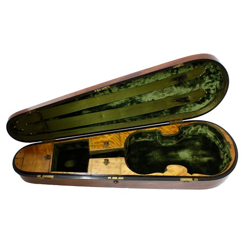 2064 - Good late 19th century mahogany violin case with satinwood fitted interior, surmounted by a turned b... 