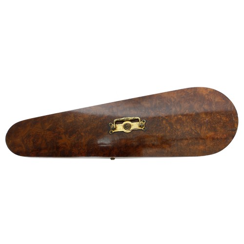 2065 - Good burr walnut violin case with fitted interior, surmounted by a turned brass handle... 