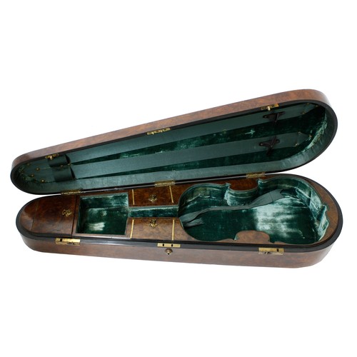 2065 - Good burr walnut violin case with fitted interior, surmounted by a turned brass handle... 