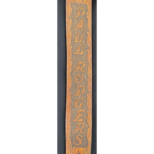 568 - Paul Rodgers - personal Tardy tooled leather guitar strap, bearing Paul Rodgers' name amongst floral... 