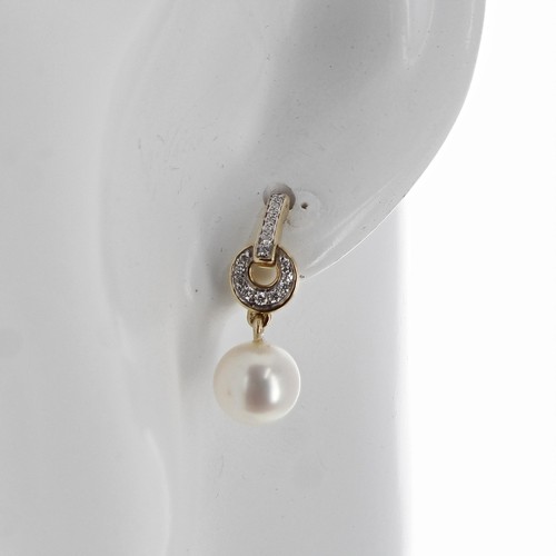 350 - Pair of Art Deco style 9ct yellow gold drop earrings, set with round cultured freshwater pearls and ... 