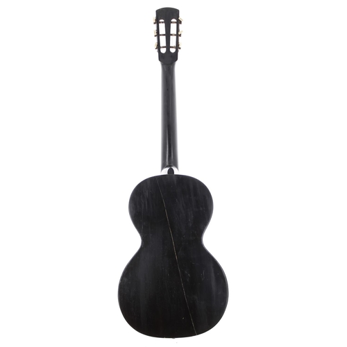 3508 - 19th century Dutch small bodied guitar; Back and sides: ebonised, repaired crack running diagonally ... 