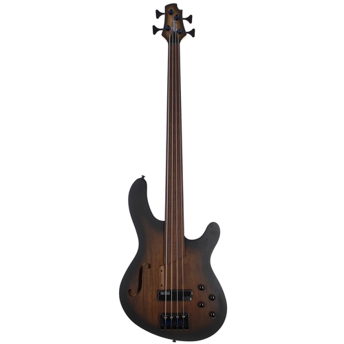 261 - 2021 Cort B4FL MHPZ four string semi-hollow body fretless bass guitar, made in Indonesia; Body: natu... 