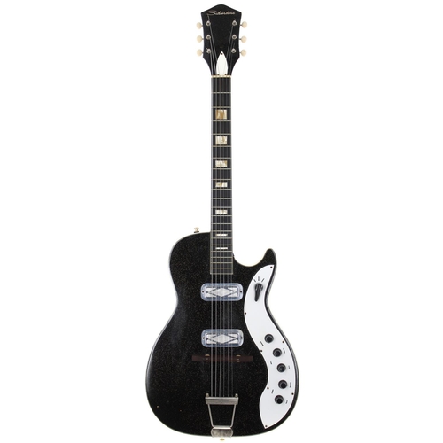 379 - 1963 Silvertone 1423 Jupiter electric guitar, made in USA; Body: black sparkle finish, impact damage... 