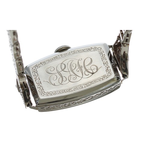 4 - Attractive Gruen 14k white gold filled rectangular wire-lug lady's wristwatch, signed rectangular si... 