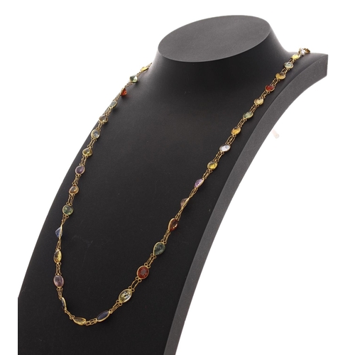 29 - Pretty 14ct yellow gold mixed-sapphire necklace, with forty-eight mixed-cut sapphires, 5.4gm, 21