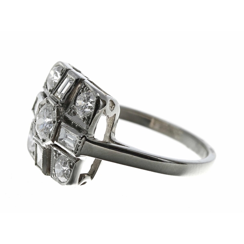 30 - Art Deco style platinum square plaque diamond dress ring, baguette and round-cut, 1.25ct approx in t... 