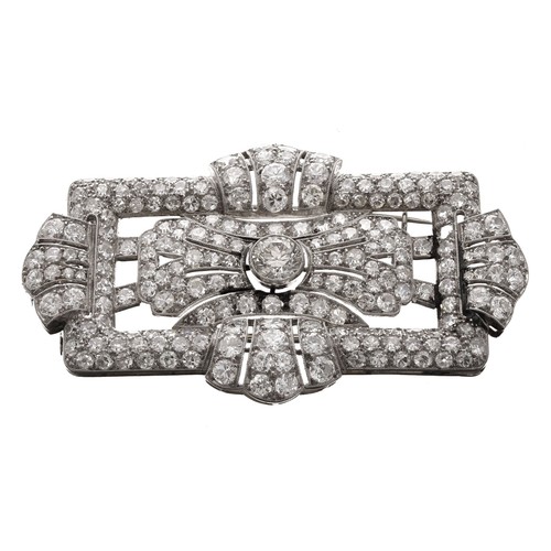 Fine Art Deco platinum diamond set brooch, with safety chain, the old-cut centre diamond 0.55ct approx, clarity VS, colour K, total diamond weight estimated 6.00ct approx, 20.7gm, 35mm x 59mm (one stone missing)