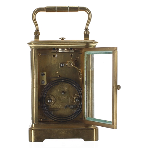 1207 - Small French repeater carriage clock striking on a gong, the movement back plate stamped with the Dr... 