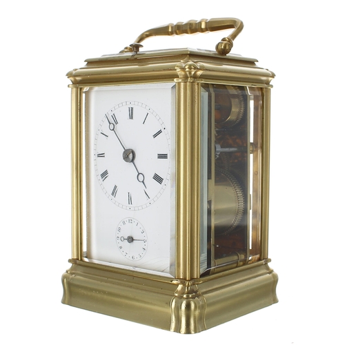 1209 - Good small repeater carriage clock with alarm striking on a bell (circa 1840), the movement back pla... 