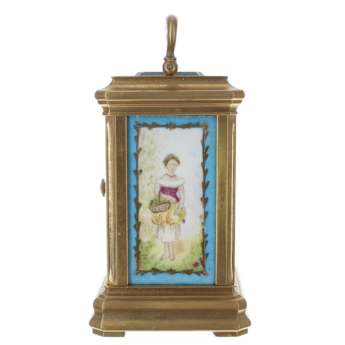 1213 - Miniature contemporary carriage clock timepiece with painted porcelain panels, the movement back pla... 