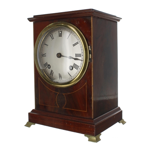 1505 - Good small mahogany inlaid two train bracket clock with bracket, the movement striking on a gong, th... 