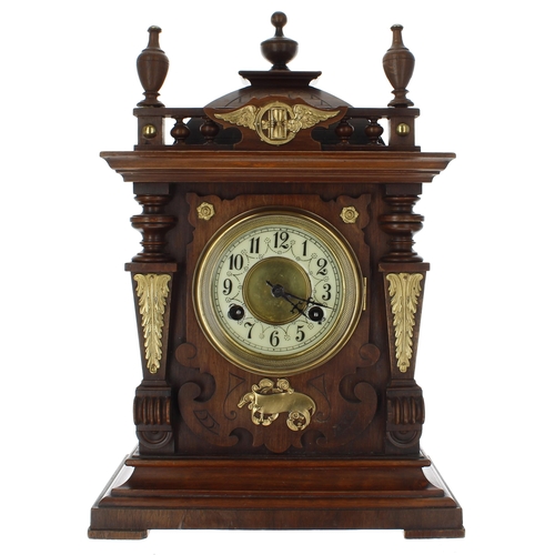 2307 - German walnut two train mantel clock striking on a gong, the 3.75