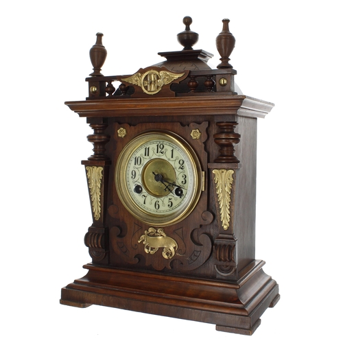 2307 - German walnut two train mantel clock striking on a gong, the 3.75