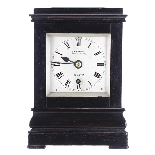 1314 - Good small rare English ebonised library clock with lever escapement, the 4