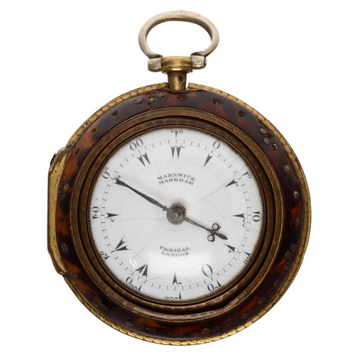 677 - 18th century gilt metal and tortoiseshell Turkish market triple cased verge pocket watch, the fusee ... 