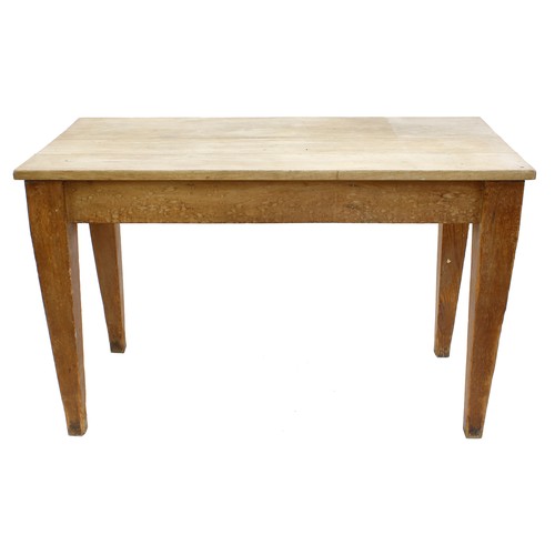 358 - Farmhouse kitchen table, the plank top over a frieze with two opposing short drawers raised on taper... 