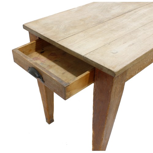 358 - Farmhouse kitchen table, the plank top over a frieze with two opposing short drawers raised on taper... 