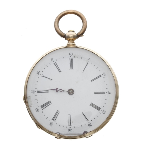 565 - Swiss 14ct cylinder fob watch, gilt frosted bar movement, inscribed metal cuvette, the dial with Rom... 