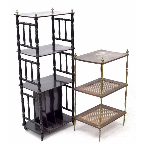 359 - Victorian ebonised magazine rack/whatnot on turned supports raised on castors, 43