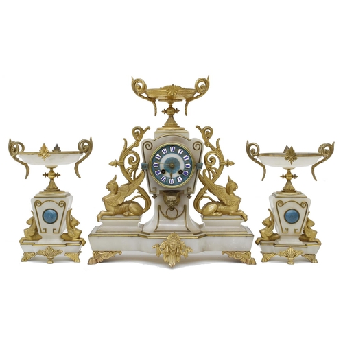 1521 - Good French white onyx and gilt metal mounted two train mantel clock garniture, the movement strikin... 