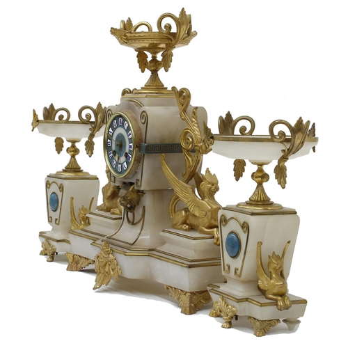 1521 - Good French white onyx and gilt metal mounted two train mantel clock garniture, the movement strikin... 