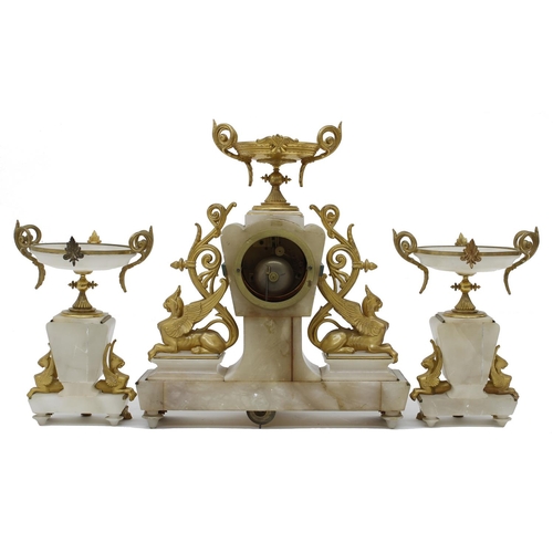 1521 - Good French white onyx and gilt metal mounted two train mantel clock garniture, the movement strikin... 