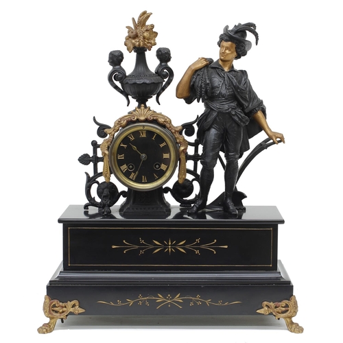 1524 - French black slate and painted spelter figural two train mantel clock, the Japy Freres movement with... 