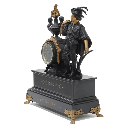 1524 - French black slate and painted spelter figural two train mantel clock, the Japy Freres movement with... 