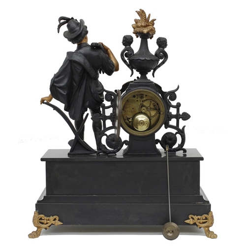 1524 - French black slate and painted spelter figural two train mantel clock, the Japy Freres movement with... 