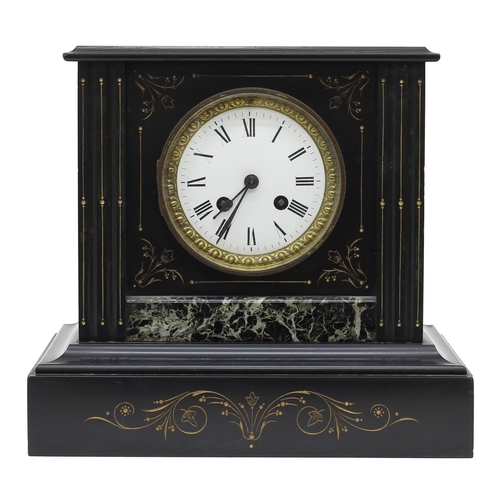 1525 - French black slate and green marble two train mantel clock, the movement with outside countwheel str... 