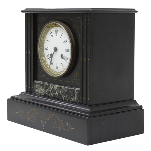 1525 - French black slate and green marble two train mantel clock, the movement with outside countwheel str... 