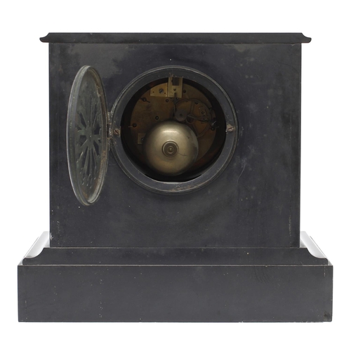 1525 - French black slate and green marble two train mantel clock, the movement with outside countwheel str... 