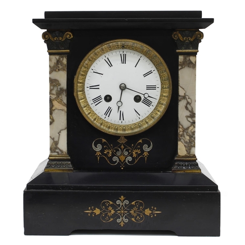 1526 - Attractive French black slate and coloured marble two train mantel clock, the Japy Freres movement s... 