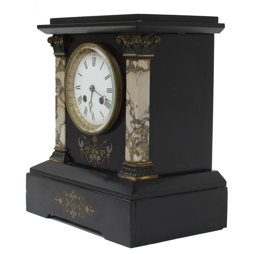 1526 - Attractive French black slate and coloured marble two train mantel clock, the Japy Freres movement s... 