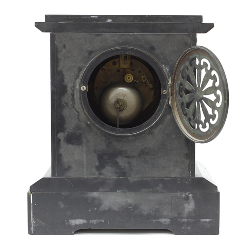 1526 - Attractive French black slate and coloured marble two train mantel clock, the Japy Freres movement s... 