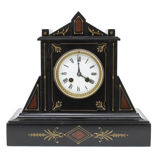 1527 - French black slate and red marble two train mantel clock, the movement with outside countwheel strik... 